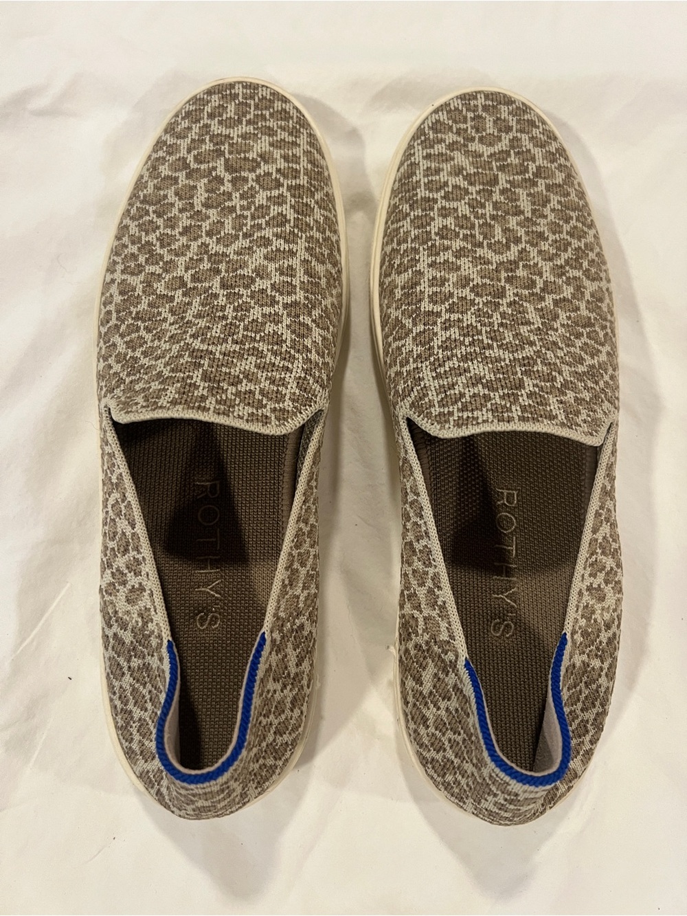 11.5 Rothy's Leopard Print Slip-On Sneakers with Blue Heel Trim